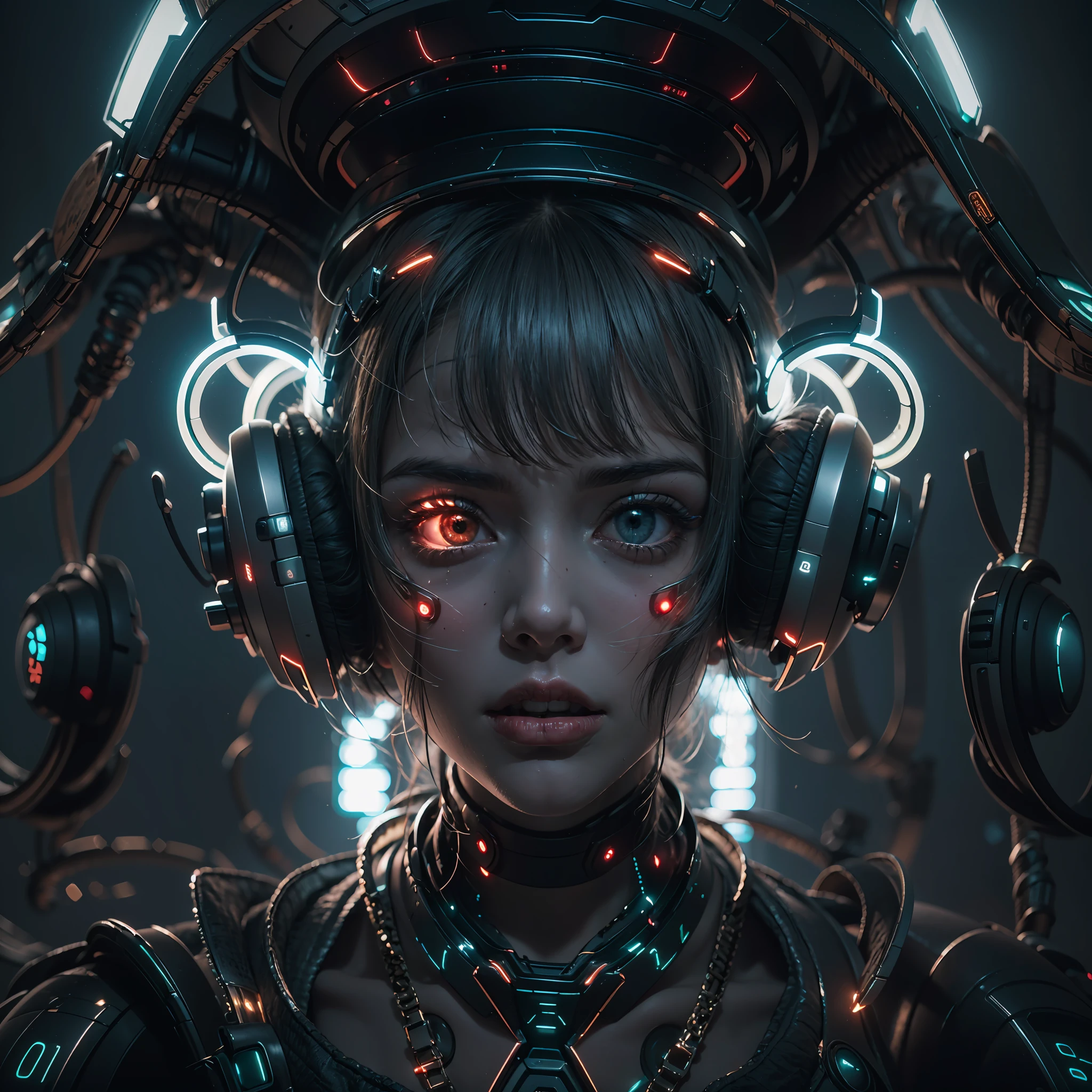 1girll，Perfect facial features，delicated face，(cyber punk perssonage:1.3)，Bring headphones，Illuminated helmet and headphones，glowing jewelry，Glowing earrings，Glowing necklace，inside in room，Electronic wire background，best qualtiy，tmasterpiece，Movie filter presets，movie level lighting，c4d渲染，rendering by octane，with light glowing，High chiaroscuro，(There is no light on the face :1.5)