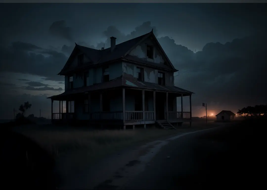 Abandoned house, luzes apagadas, scary, dark night, atmosfera sufocante e macabra, 8k, maximum detailed, high quality