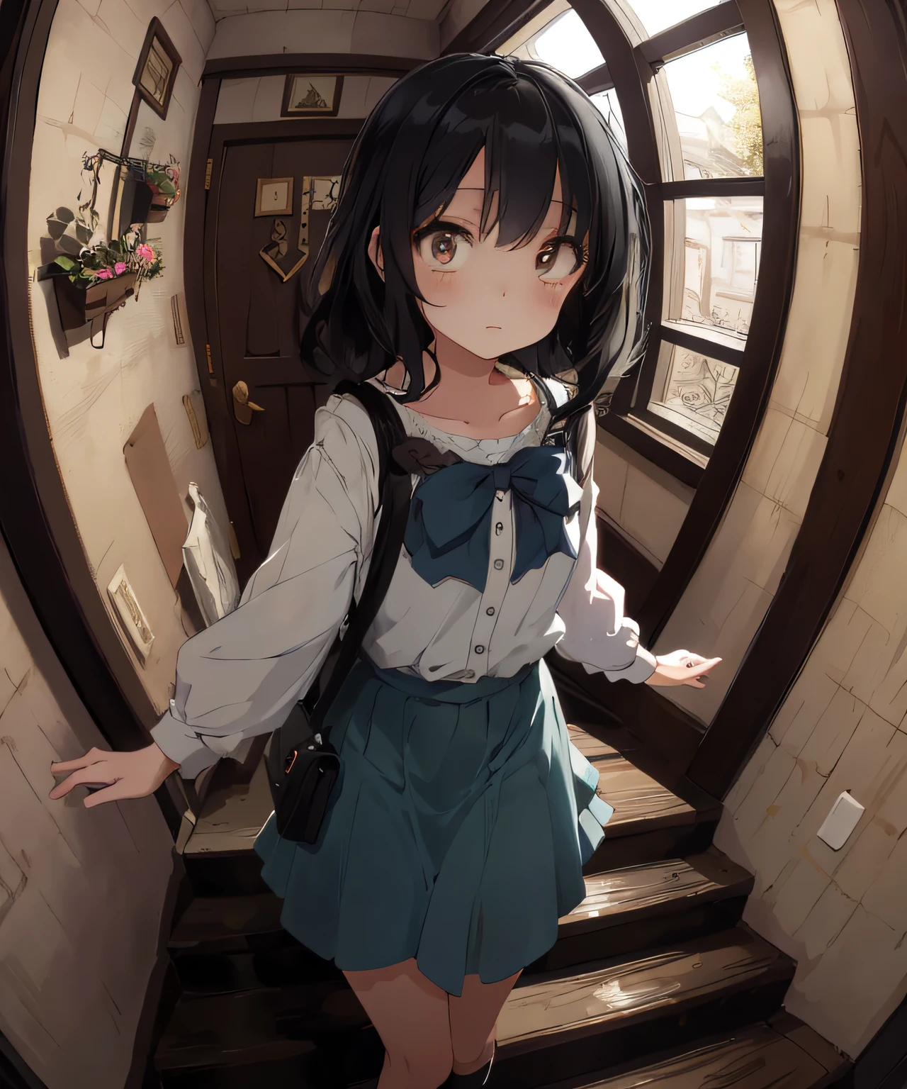 masterpiece, best quality, ultra-detailed, illustration, an extremely delicate and beautiful, cute, girl, energetic, active, anime, 1girl, cute, soft lighting, black hair, fisheye lens,stairs, labyrinth, Mysterious world, Alice, door, incandescent bulb