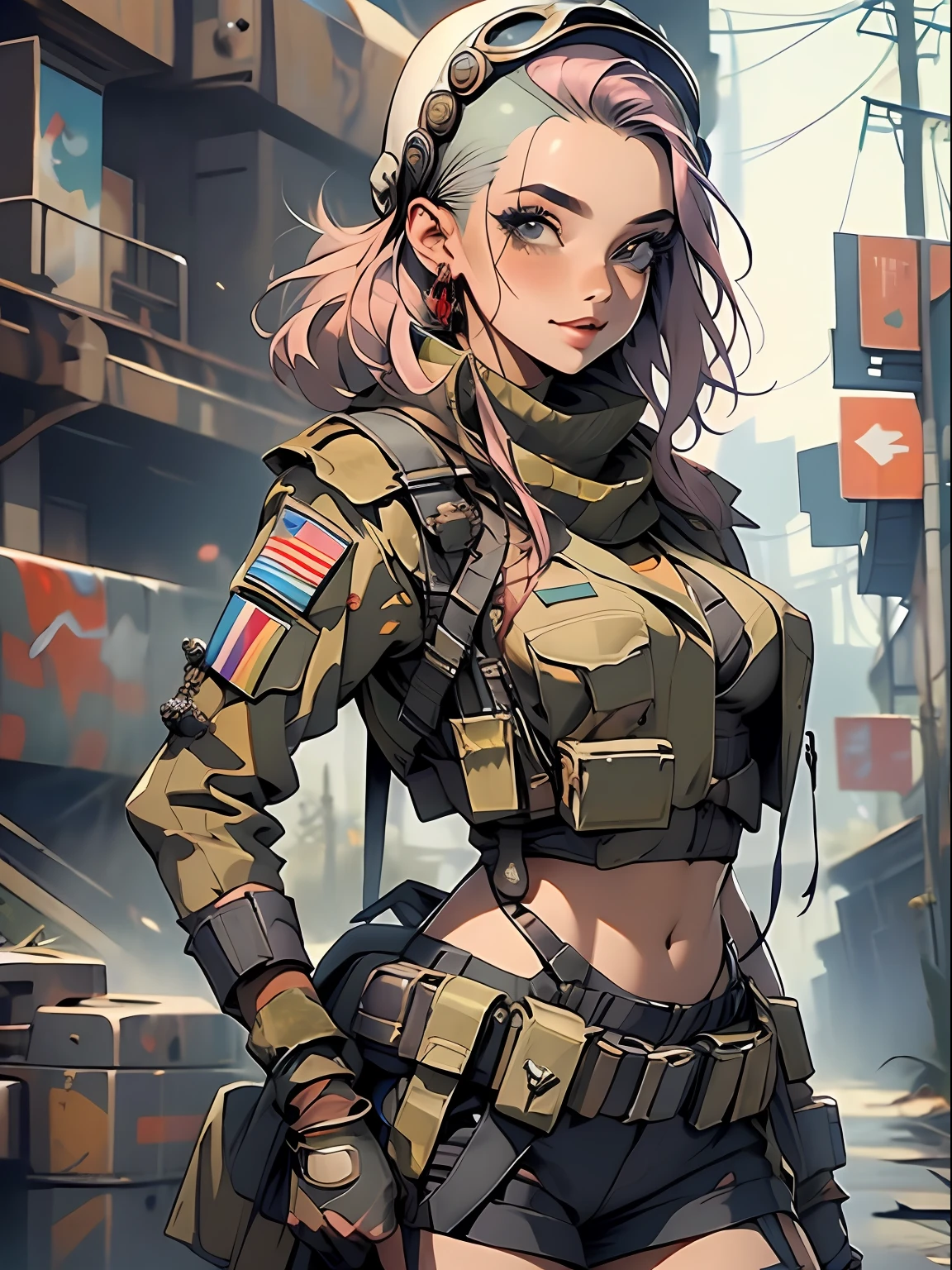 ((( corpo inteiro ))), ((( Military helmet on head ))), roupa cheia de buttons, master part, best quality, super detalhe, 8k, mulher linda, Tank Girl com cara de maluca, sorriso malicioso , cabelo moicano colorido, garota punk, post-apocalyptic world, (( menina do tanque )), Nijistyle, roupas rasgadas e sujas, moicano curto, sides of shaved head, rosto limpo