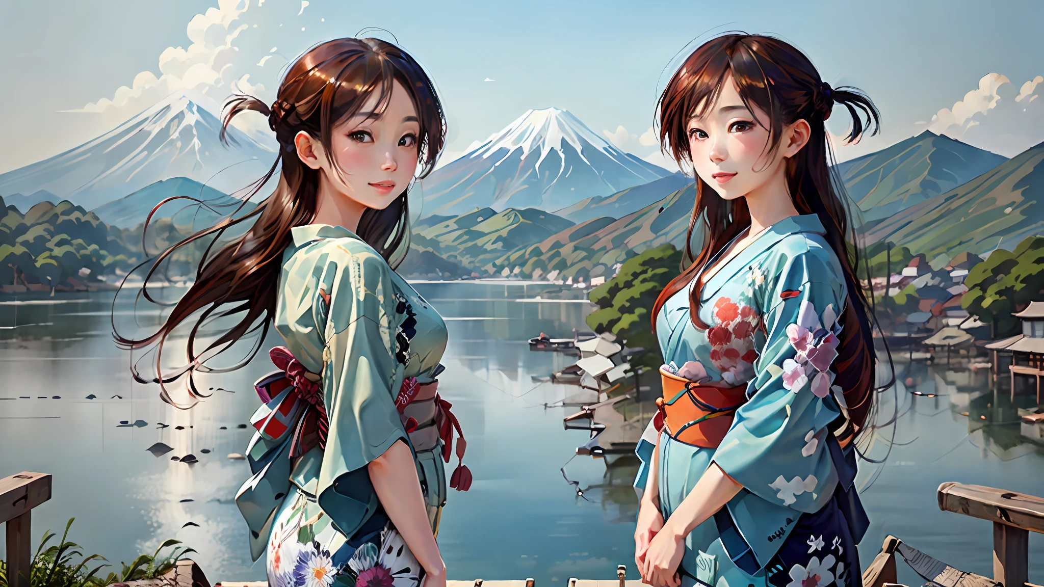 qualité supérieure、peinture ukiyoe、Au bord du lac face à la montagne. Fuji、Une fille、Debout au bord du lac、un sourire、été、Beau ciel bleu、kimono、taisho romain、