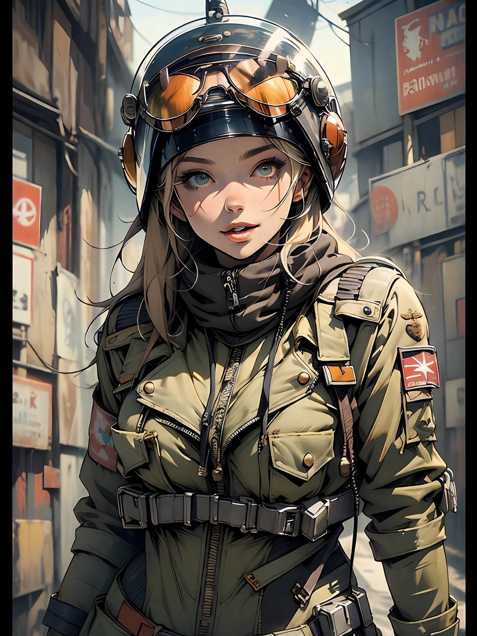 ((( corpo inteiro ))), ((( Aviator helmet on head ))), roupa cheia de buttons, master part, best quality, super detalhe, 8k, mulher linda, Tank Girl com cara de maluca, sorriso malicioso , cabelo moicano colorido, garota punk, post-apocalyptic world, (( menina do tanque )), Nijistyle, roupas rasgadas e sujas, moicano curto, sides of shaved head, rosto limpo