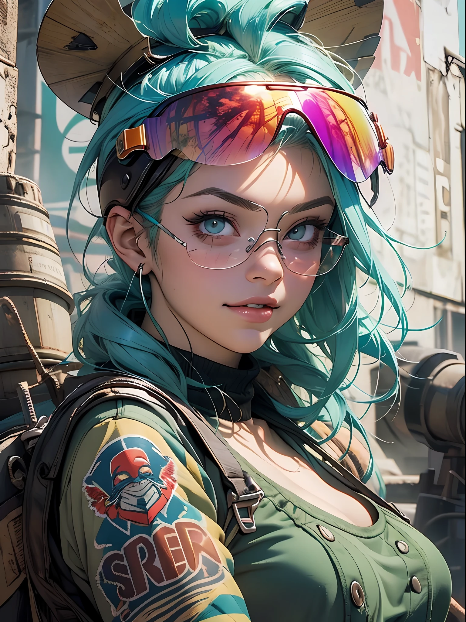 ((( tout le corps ))), ((( Casque d&#39;aviateur sur la tête ))), vêtements pleins de boutons, partie maîtresse, meilleure qualité, Super détail, 8k, belle femme, Tank Girl avec un visage fou, sourire malicieux , cheveux mohawk colorés, fille punk, monde post-apocalyptique, ((  du réservoir )), nijistyle, vêtements déchirés et sales, mohawk court, côtés du crâne rasé, visage propre