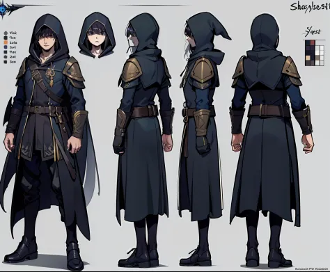 1character, reference sheet, matching outfit, (fantasy character sheet, front, left, right, back) dark sorcerer, hooded figure, ...