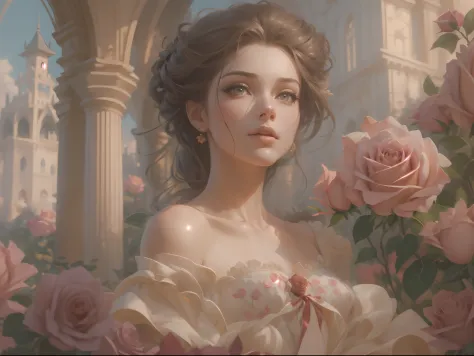 Tale as old as time. | This artwork is in the style of realistic fantasy set in the castle's rose garden. Generate a kind courte...