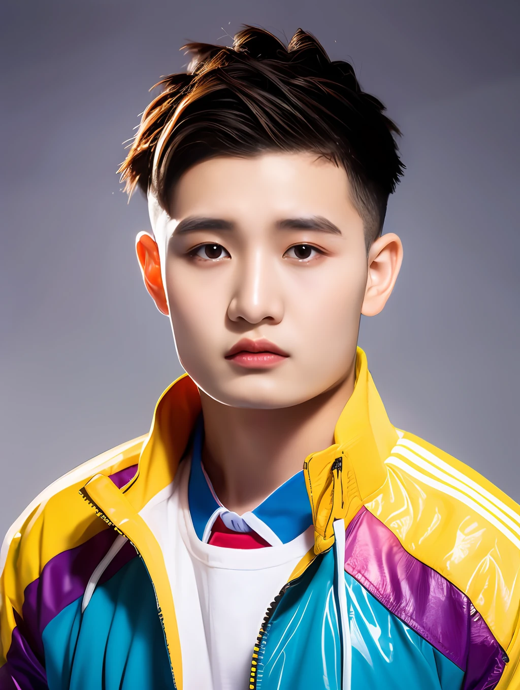 18-year-old Chinese male college student，short detailed hair，Wear a colorful jacket，school badge，Pick and dye your hair，greybackground, The light is even，Studio light，surrealism, hyper HD, Textured skin, High details，Outstanding work