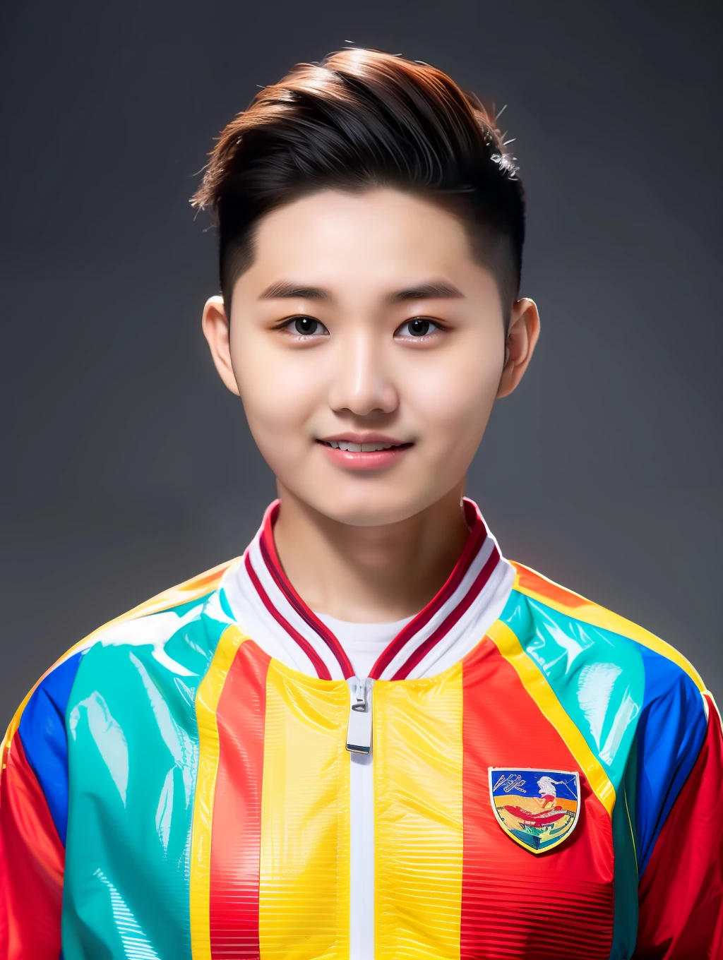 18-year-old Chinese male college student，short detailed hair，Wear a colorful jacket，school badge，Pick and dye your hair，greybackground, The light is even，Studio light，surrealism, hyper HD, Textured skin, High details，Outstanding work