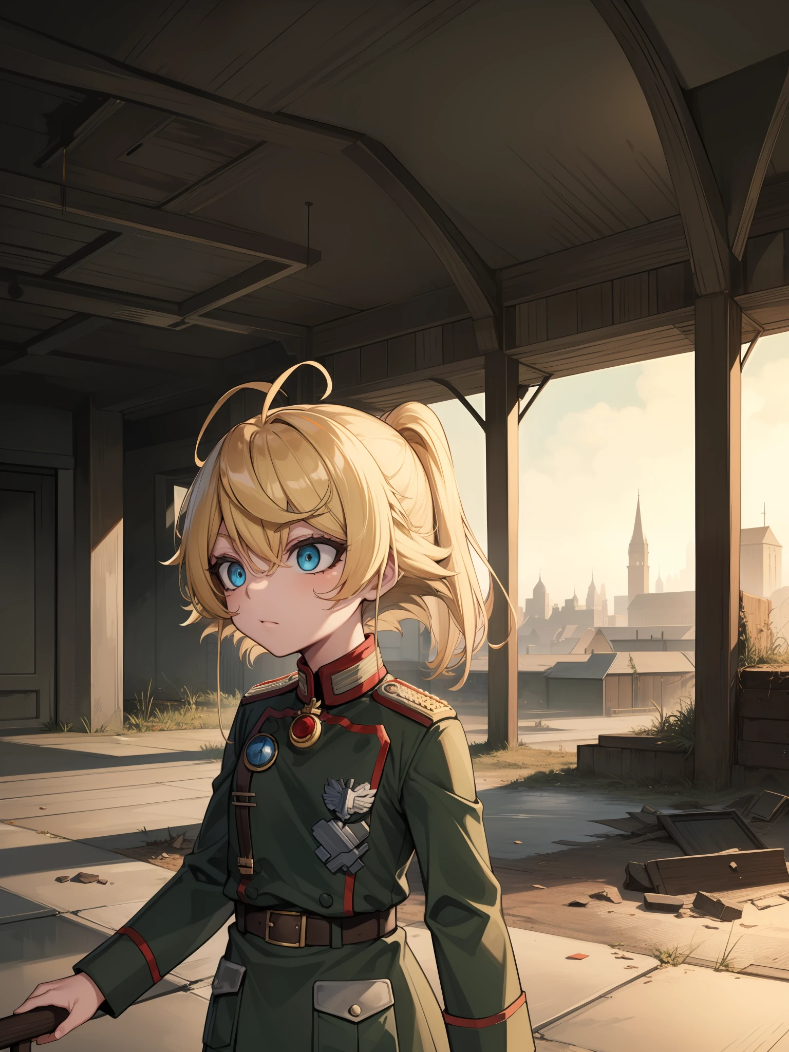 Tanya Degurechaff, Militäruniform, Kleinwuchs, psychotische Augen, zerstörte Landschaft, Seitenansicht