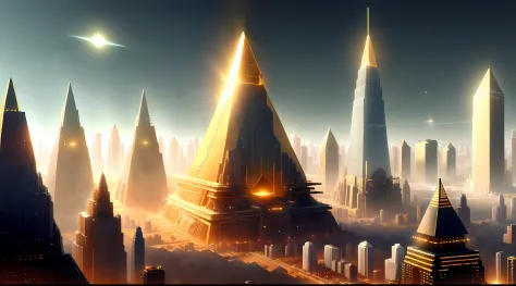 "A futuristic background of a golden glass pyramid with laser beams leads to a hyper-realistic scific city with huge skyscrapers. The hyper resolution of the background is 4k and has an aspect ratio of 16:9."golden pyramid,golden,shiny,glow