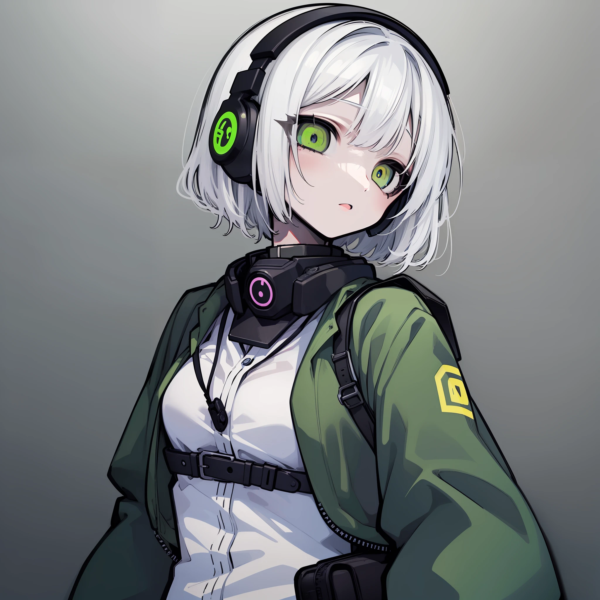 {{{{masterpiece}}}},{{best quality}},{{official art}},{{extremely detailed cg unity 8k wallpaper}},{{{artbook}}},1girl,very short hair,deep green eyes,black clothes,dark theme,white hair,{{white skin}},horror,illustration,special forces,glowing pupils,neck ruff,headphone,Medic,tactical,bulletproof clothing,solo,standing,young girl,avatar