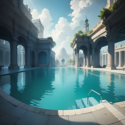Empty floating pool、Huge pool in a beautiful sci-fi world、Amazing illustrations of the highest quality and ultra high resolution　Beautiful pool