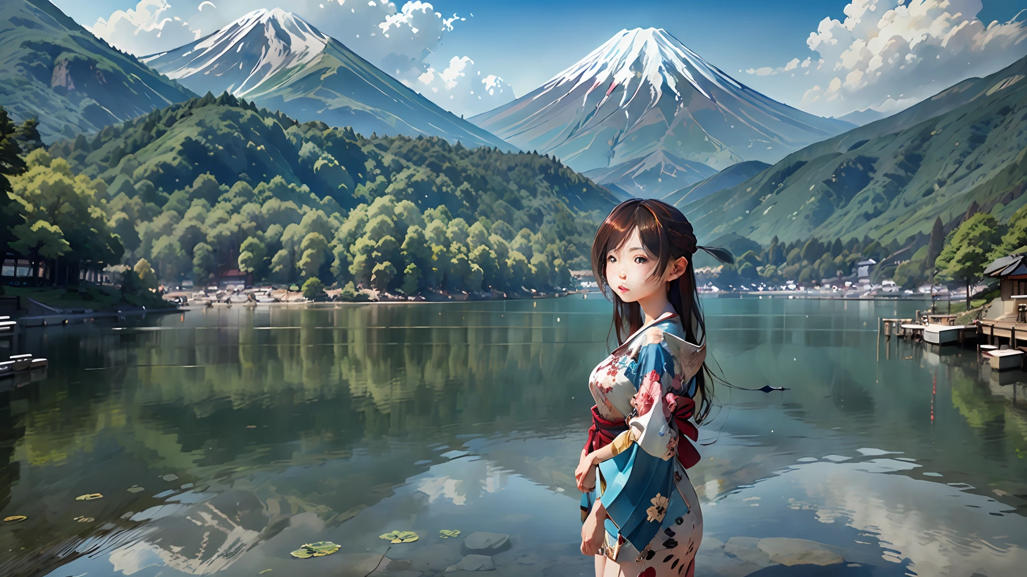 qualité supérieure、Au bord du lac face à la montagne. Fuji、Une fille、pendant la journée、été、kimono、