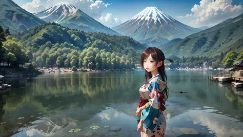 top-quality、Lakeside in front of the mountain. Fuji、One girl、during daytime、夏天、kimono、