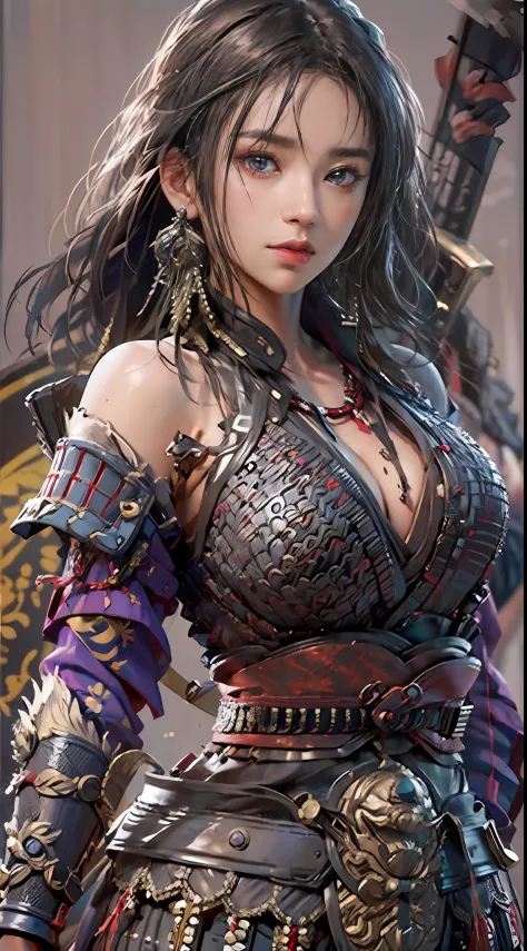 ((Unreal Engine 5)), Realistic rendering, Excellent, (Full set of samurai armor), (Cuirassiers), (Cloak), (The samurai were at the helm), looking on camera, Stand in the studio, Beautiful face, Makeup, CGImix, (Photorealism:1.2), ultrarealistic uhd face,Ba...