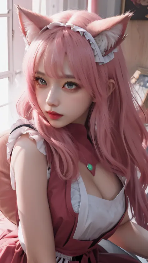 anime girl with pink hair and cat ears posing for a picture, the maid outfit，Sexy maid，cleavage，whitegloves，Guviz, Guviz-style artwork, Extremely detailed Artgerm, like artgerm, Style Artgerm, artgerm detailed, Art germ. High detail, Art germ. anime illust...