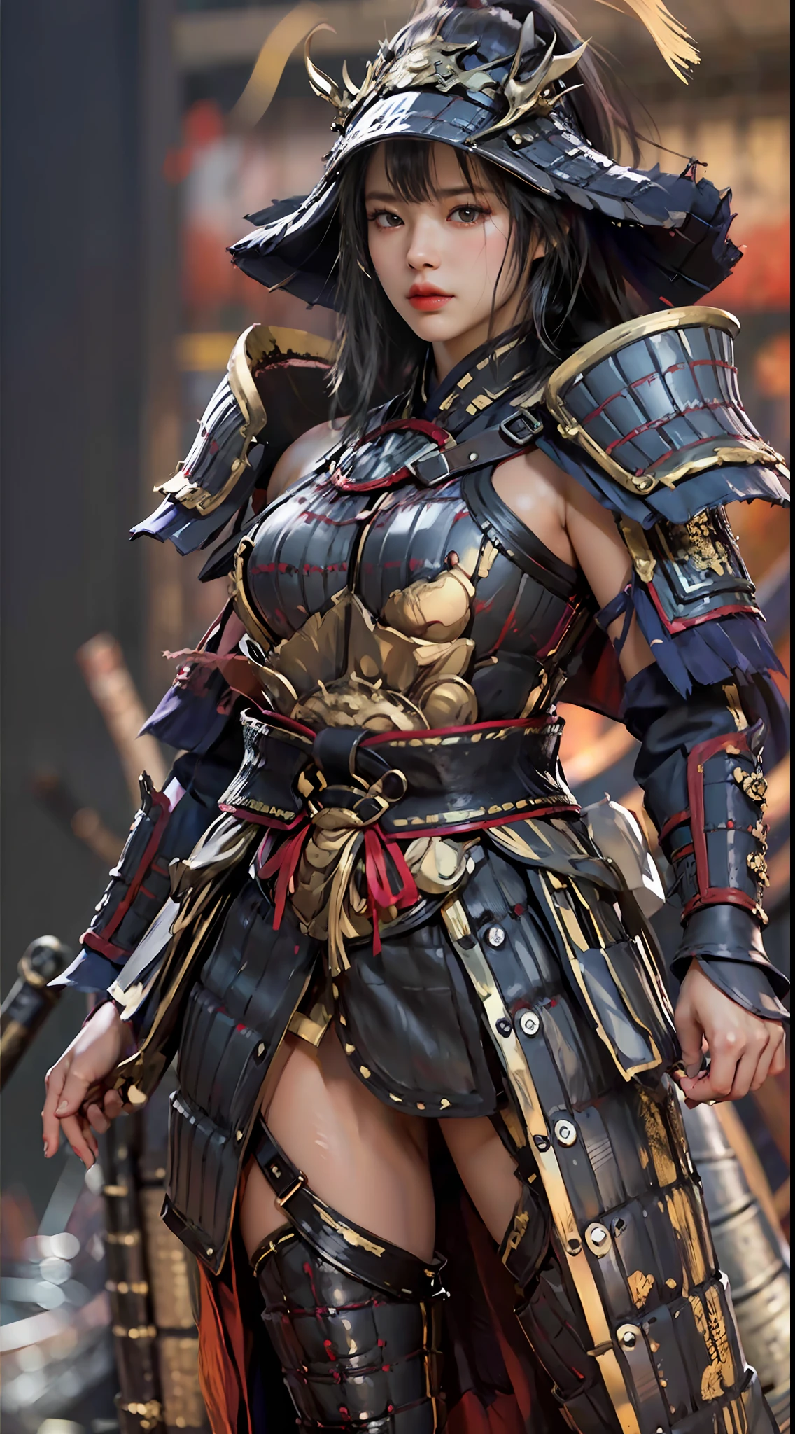 ((Unreal Engine 5)), Realistic rendering, Excellent, (Full set of samurai armor), (Cuirassiers), (Cloak), (The samurai were at the helm), looking on camera, Stand in the studio, Beautiful face, Makeup, CGImix, (Photorealism:1.2), ultrarealistic uhd face,Bare shoulders，Bare thighs, Slim waist, Hourglass figure, Half body, ((Glowing skin)), ((Shiny skin)), Realistic body, ((She has sexy bodies)), ((Clean skin)), Photorealistic, Bokeh, Motion blur, Masterpiece, A high resolution, 1080p, Super detail, Textured skin.