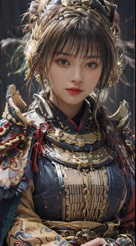 ((Unreal Engine 5)), Realistic rendering, Excellent, (Full set of samurai armor), (Cuirassiers), (Cloak), (The samurai were at the helm), looking on camera, Stand in the studio, Beautiful face, Makeup, CGImix, (Photorealism:1.2), ultrarealistic uhd face,, ...