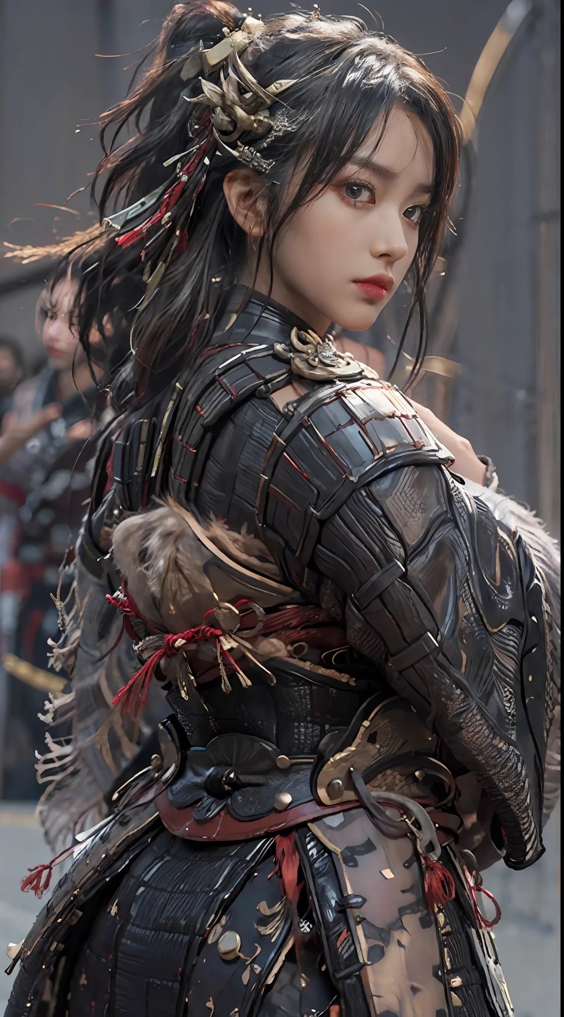 ((Unreal Engine 5)), Realistic rendering, Excellent, (Full set of samurai armor), (Cuirassiers), (Cloak), (The samurai were at the helm), looking on camera, Stand in the studio, Beautiful face, Makeup, CGImix, (Photorealism:1.2), ultrarealistic uhd face,, Slim waist, Hourglass figure, Half body, ((Glowing skin)), ((Shiny skin)), Realistic body, ((She has sexy bodies)), ((Clean skin)), Photorealistic, Bokeh, Motion blur, Masterpiece, A high resolution, 1080p, Super detail, Textured skin.