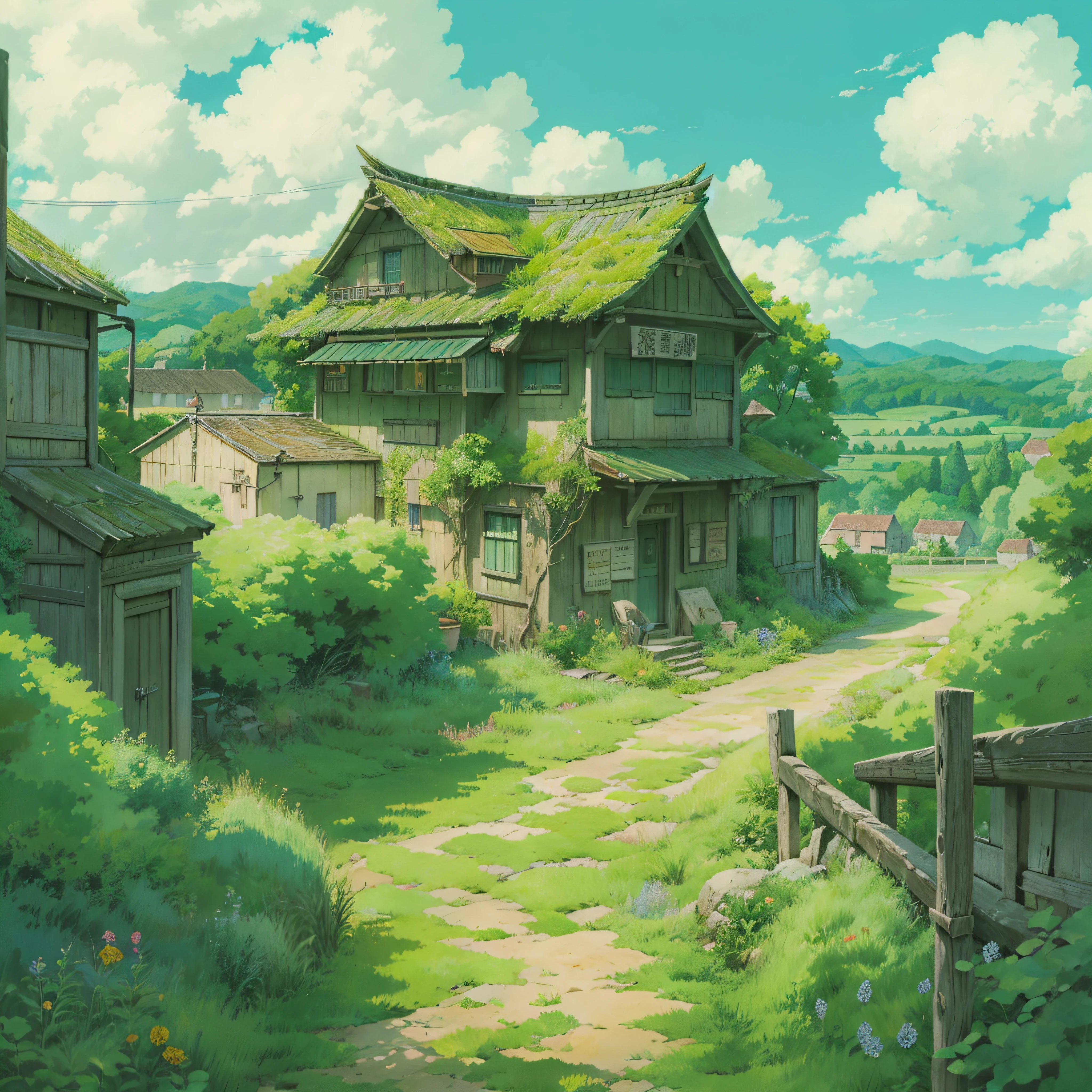 animesque、Background art、Beautiful Landscapes、Deities々Shikai、Natural objects、Studio Ghibli style、You can feel the feel of the brush、countryside view、Sky and clouds