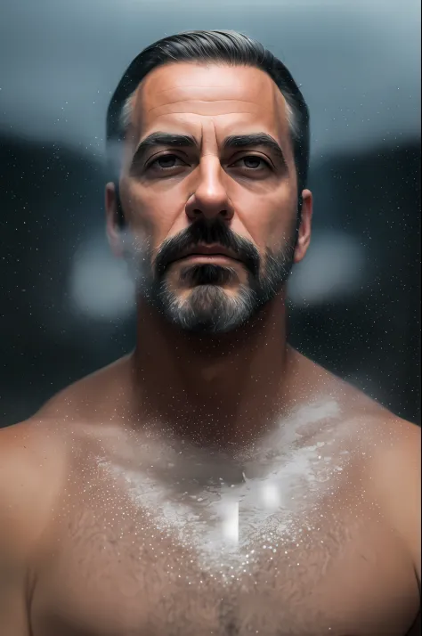 Ultrarealistic portrait photograph of smooth miko George Clooney in a snazzy Iridescent dungeon,
(by Philip Jones Griffiths, Rajan Dosaj), RAW photo, hyper real photo, ultrarealistic uhd faces, 8k uhd, dslr, soft lighting, high quality, film grain, photogr...