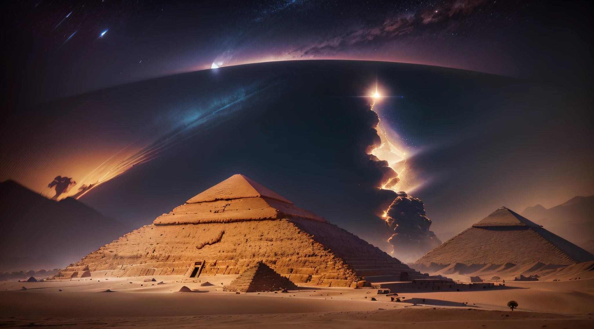 Night photo of the pyramids of Egypt, Octane Render, HDR, (hyperdetailed: 1.15), (soft, sharp light: 1.2)