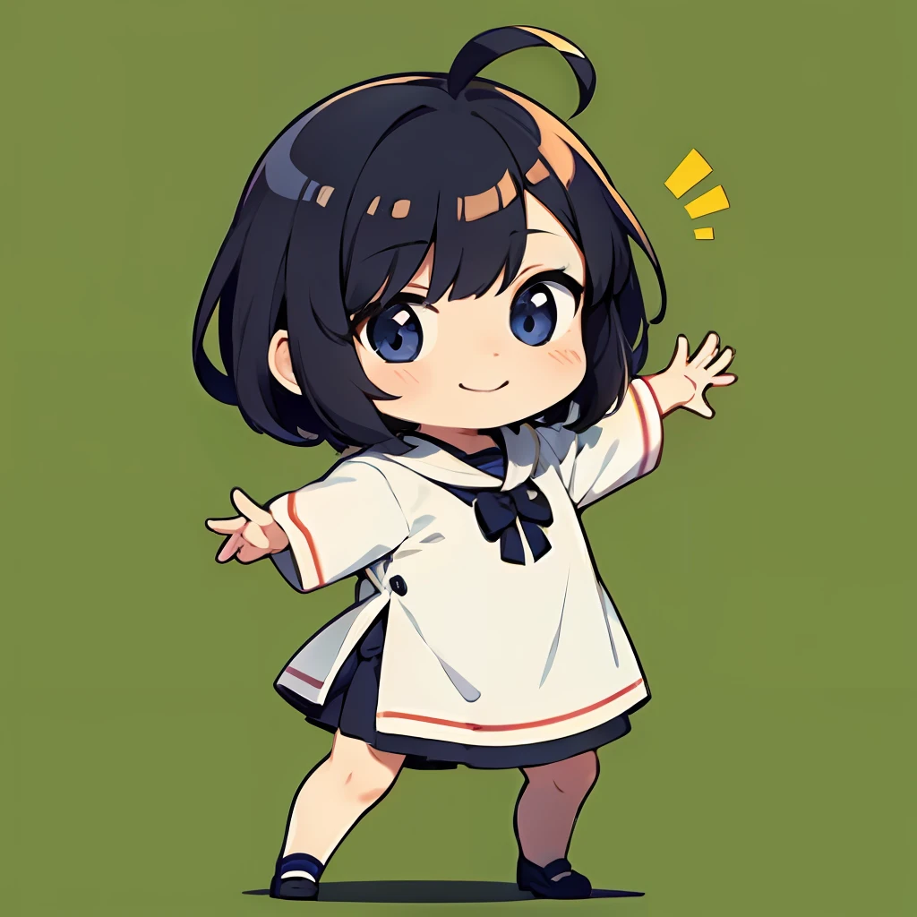 超A high resolution, nffsw, Best aesthetic, Top quality depiction of the foot,I'm surprised with open arms,  Has iridescent hair,　Black hair, Flat avatar,  Anime visuals of cute girls, Cute art style, chibi, anime stylized, Shorthair, Ahoge, is shy, A smile, hair adornments, simple background, earrings, jewely, side locks, large oval eyes,