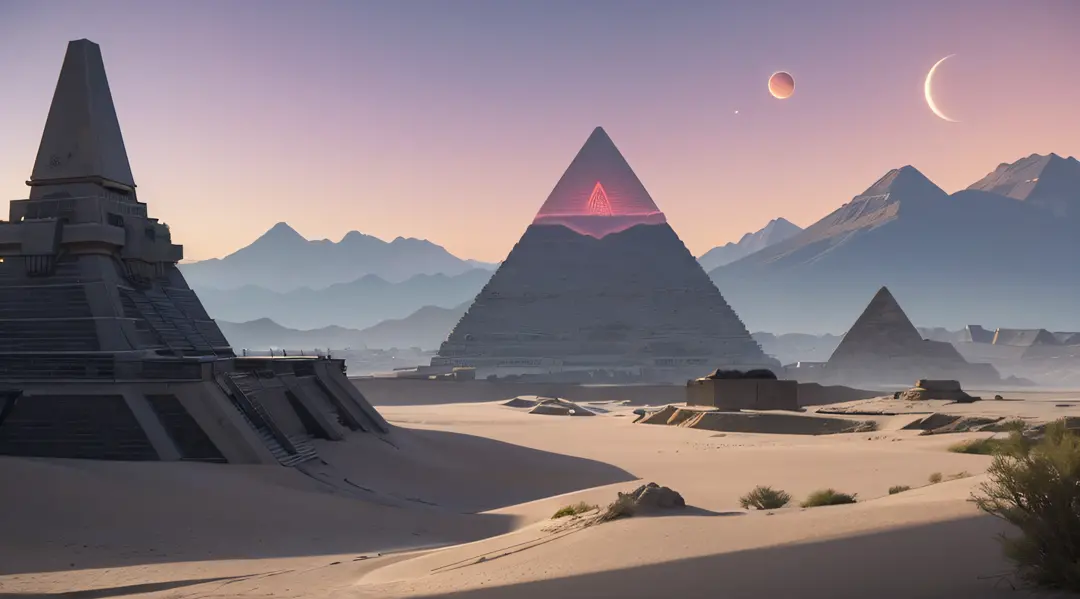desert, pyramid, cyberpunk, futuristic world, pink moon, two moons,glddrp, scenery shot:1.2,