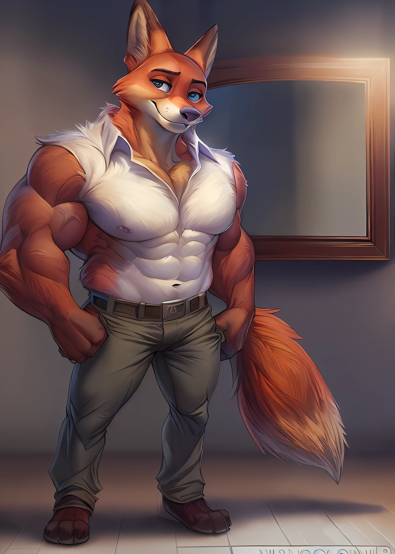 uploaded in e621, ((by Wildering, by Foxovh, by Disney)), Zootopia, solo ((nick wilde)) with ((neck tuft)) and ((fluffy tail) and ((light navy blue eyes)), ((half-length portrait)), (, BREAK, (detailed red fox nick wilde x nick wilde), (detailed lighting), ((detailed fluffy skin)), BREAK, ((in a gym flexing your muscles)), (cinematic lighting), ((detailed background)), ((depth of field)), (half-length shadow), (((looking in the mirror, while his reflection shows nick wilde flexing his muscles))), (high-angle view), ((three-quarter view)), [backlight], [detailed ambient light], [gray natural lighting], [ambient light on the belly], [realistic proportions of a person with muscle hypertrophy], [explicit content, adult, NSFW], [sharp focus], (questionable content), (shaded), (high resolution), ((masterpiece))Muscular big body, imposing body, primal appearance, muscular arms, muscular legs, bara, beefy, muscular body, defined round beefy pectorals, defined washboard abs,defined arms, defined legs