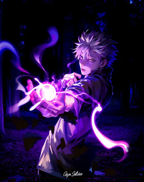 Anime guy with purple light in his hand holding a glowing ball, Killua Zoldyck, he is casting a lighting spell, Jujutsu Kaisen, ...