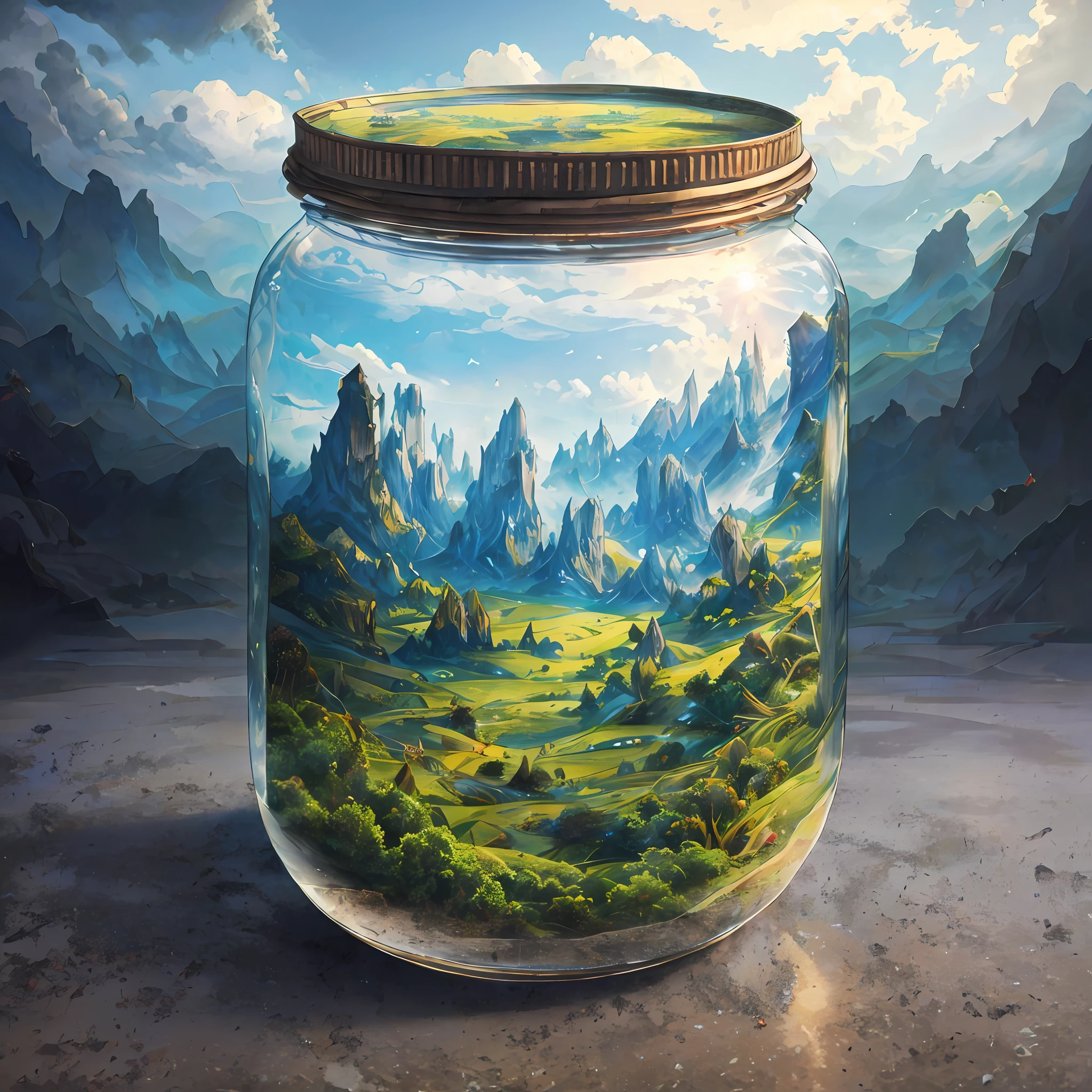 Il y a un pot avec une image de PARAISO à l'intérieur.., une peinture photoréaliste de Beeple, Gagnant du concours Behance, art fantastique, paysage de rêve dans un bocal, récusation beeple, Beeple Illustrations, Art du Beeple, Art numérique surréaliste, art surréaliste, Chef-d&#39;œuvre du Beeple, Beeple. hyperréalisme