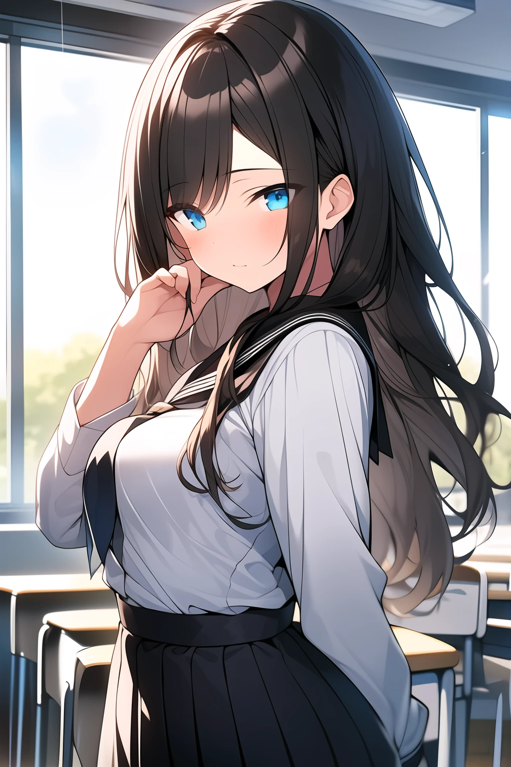 女の子1人, 中くらいの胸, 大きな青い目, 茶髪, 白いボタンシャツ, 黒いスカート, 学生服, かわいい, 若い, ポーズ, 非常に長い髪, 視聴者を見て, 公園