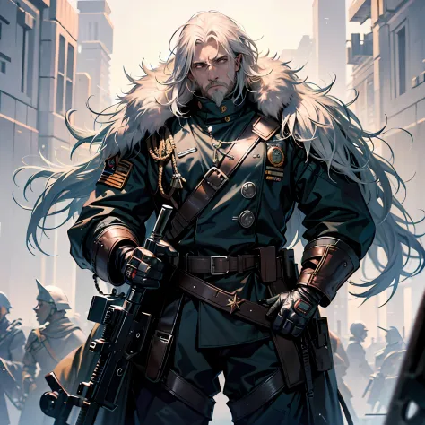 homem Velho musculoso vestindo uniforme militar, with expression of sadness and strong posture white hair without beard 60 years on the battlefield full body futuristic rifle --auto