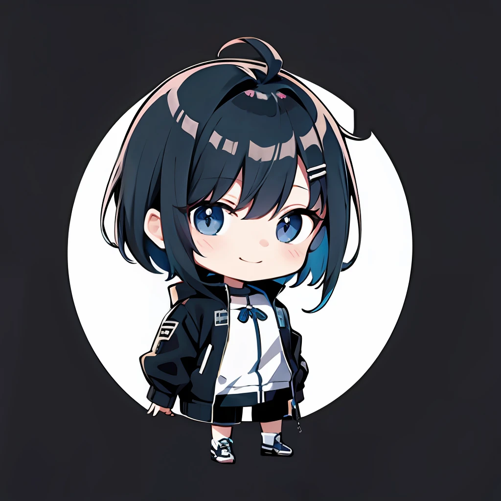 超A high resolution, Best aesthetic, Top quality depiction of the foot, put on a jacket,  Black and blue hair on the back, Flat avatar,  Anime visuals of cute girls, Cute art style, chibi,  Shorthair, Ahoge, is shy, A smile, hair adornments, simple background, earrings, jewely, side locks, large oval eyes,