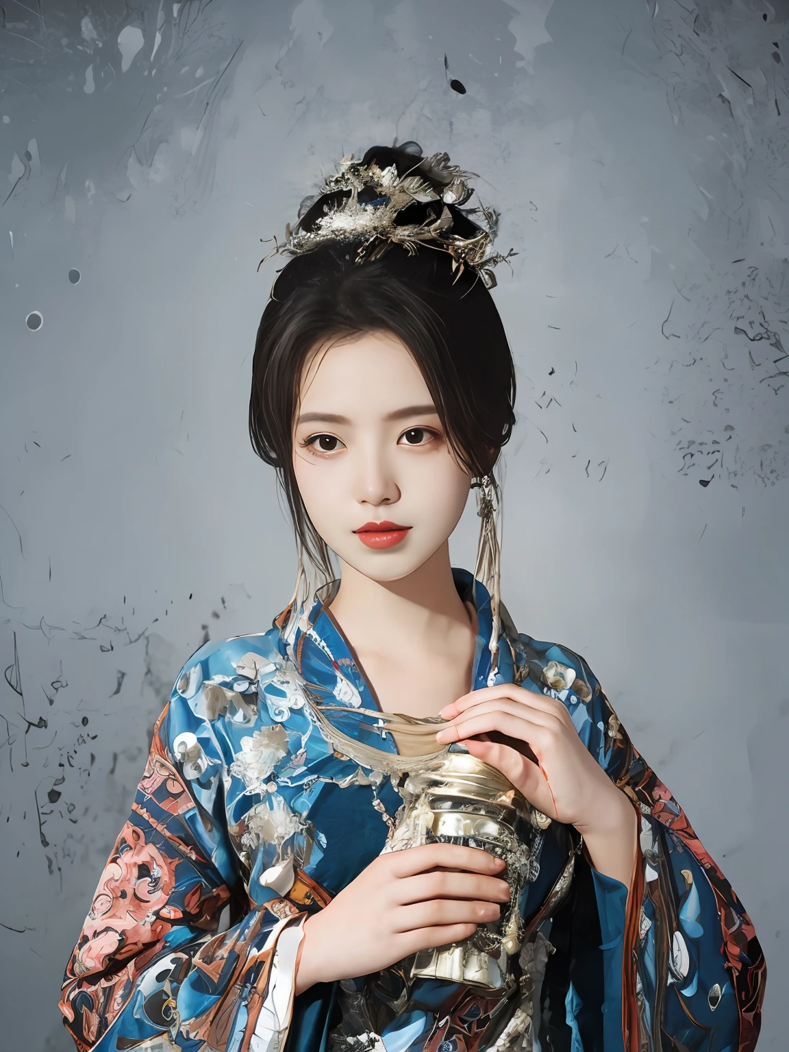 eine Abbildung einer Frau in traditioneller chinesischer Tracht, im Stil der Anime-Ästhetik, 32k uhd, Detail, das Sie verpassen, wenn Sie blinzeln, Schön, Anime-inspirierte Charaktere, beige and aquamarine, Nahaufnahme,