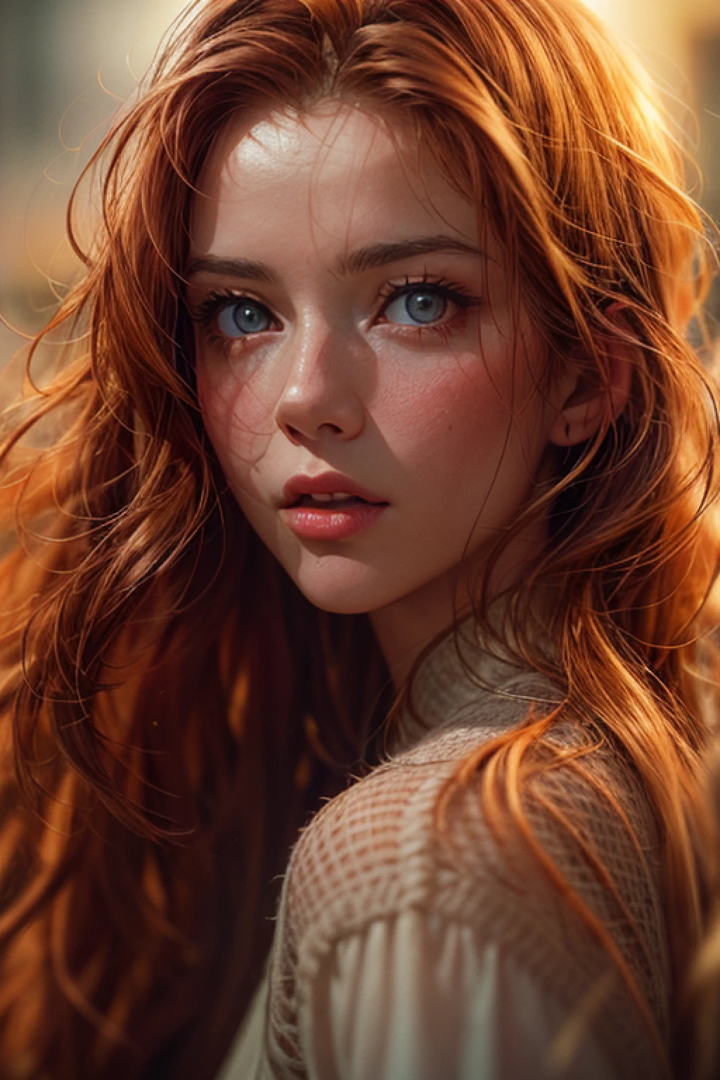 medium close-up photo of a beautiful irish girl, adorable face, red long hair, no makeup, realistic skin texture, warm, low saturation, yellow, rich colors, by Alessio Albi, nikon d850, zeiss otus 85mm f/1.4, hyper realistic ,lifelike texture, dramatic lighting, cinestill 800