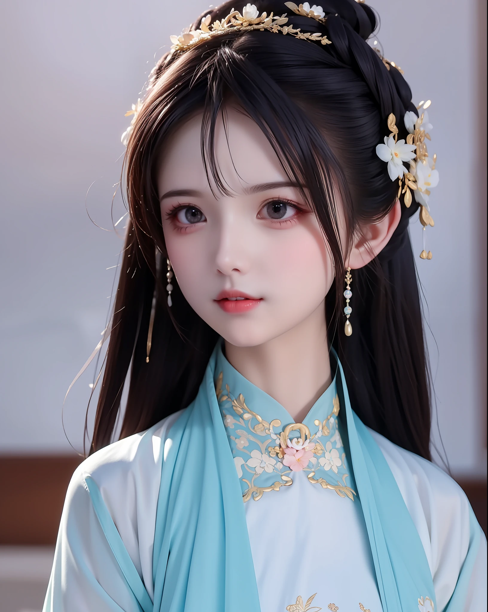 (Daisaku),(Need),(Super meticulous),best qualtiy，tmasterpiece，A high resolution，a beauti，Blushlush，Bright big eyes,Chinese Hanfu，Luxurious tiara，White light gauze Hanfu， Xianxia, conservativelydressed，choker necklace，jewelry，beautfully face，Portrait of the whole life，4k，(beautiful  detailed face),(美丽细致的眼睛)k hd，Unbeatable masterpiece（Delicate facial portrayal）（Fine hair portrayal）（highest  quality）（Master masterpieces）（High degree of completion）（bust）（a sense of atmosphere）（faeries）