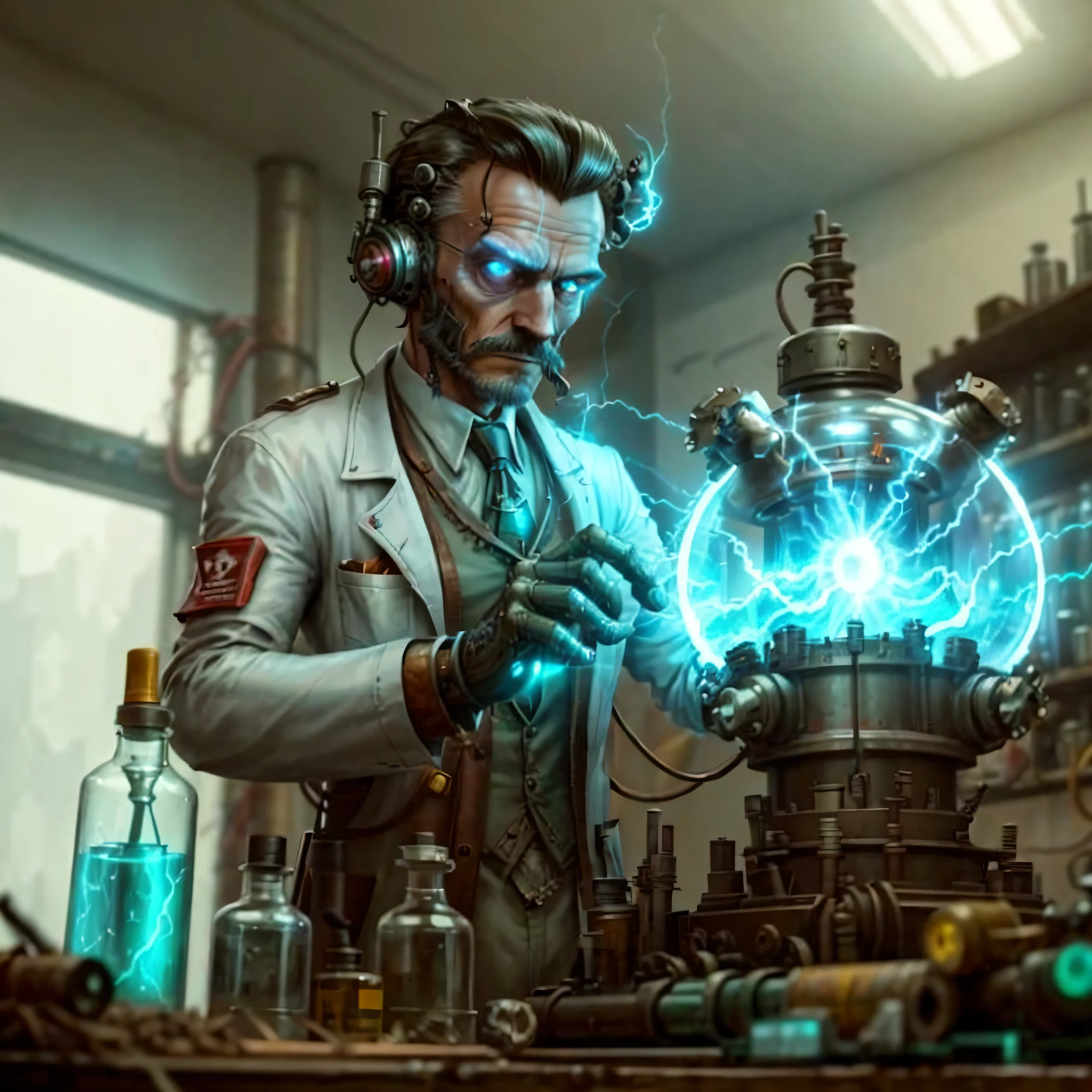 retro  teslapunkai , valvepunk, strange device in laboratory, scientist, cluttered environment, lightning bolts