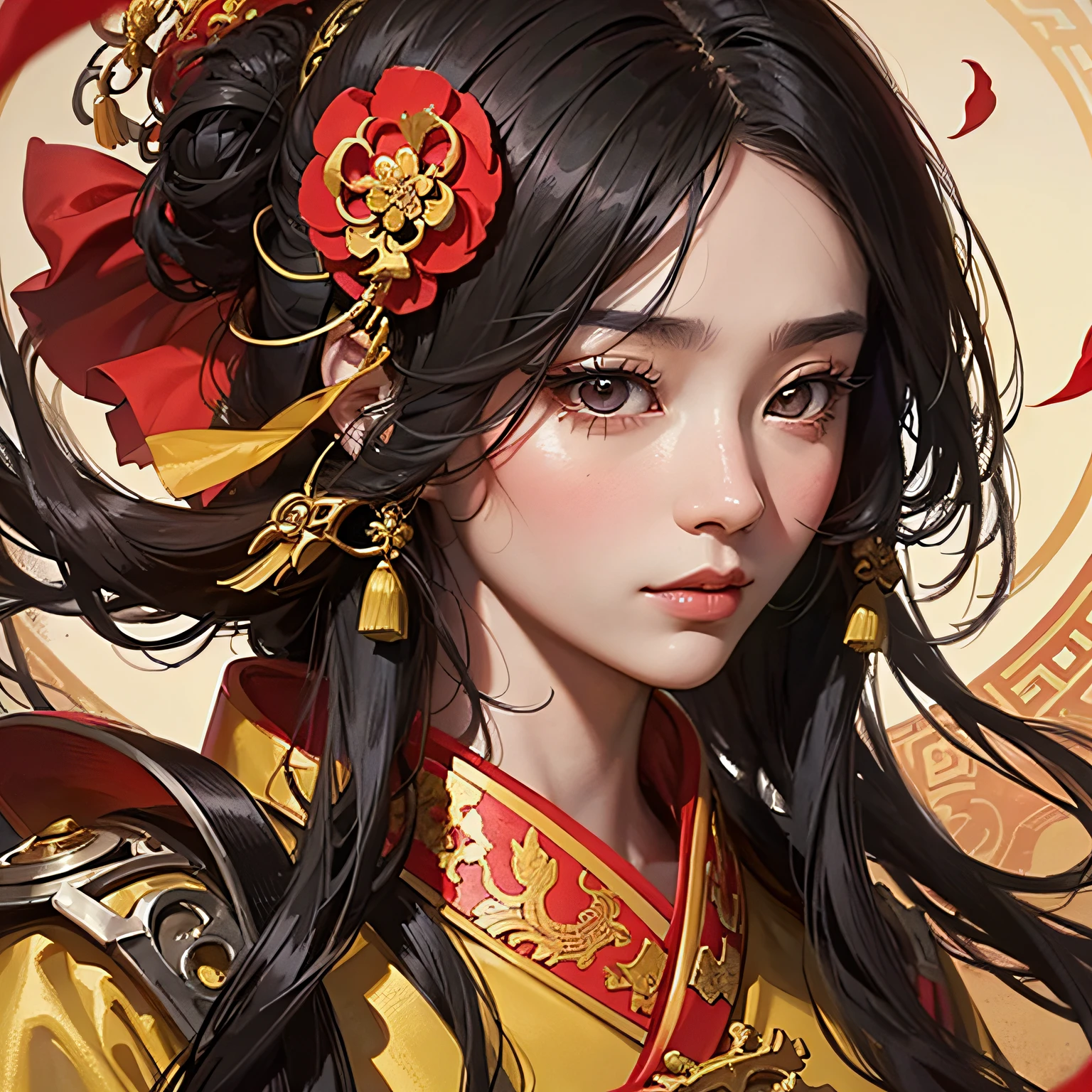 고대 중국 잘 생긴 남자, 전면 클로즈업, 얼굴 클로즈업, 긴 검은 머리, 고대 중국의 노란색 옷을 입고, 옷에 무늬가 있어요, 공중에 날아다니는 붉은 꽃잎, 배경은 고대 중국의 화려한 궁전입니다, 섬세한 특징, 디테일 페인팅, 판타지 아트, 애니메이션 미학, HD 8K -- ar 16:9 -- 하위 5 -- 자동