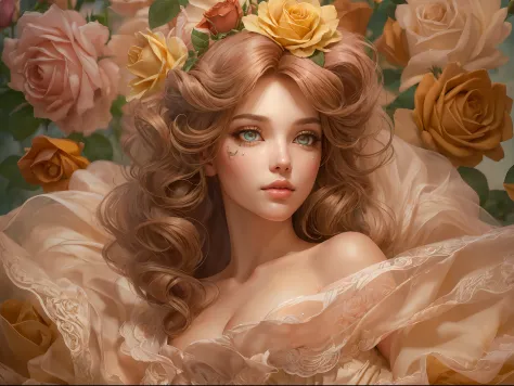 This artwork is in the style of realistic fantasy set in the castle's rose garden. Generate a woman with a beautiful detailed fa...