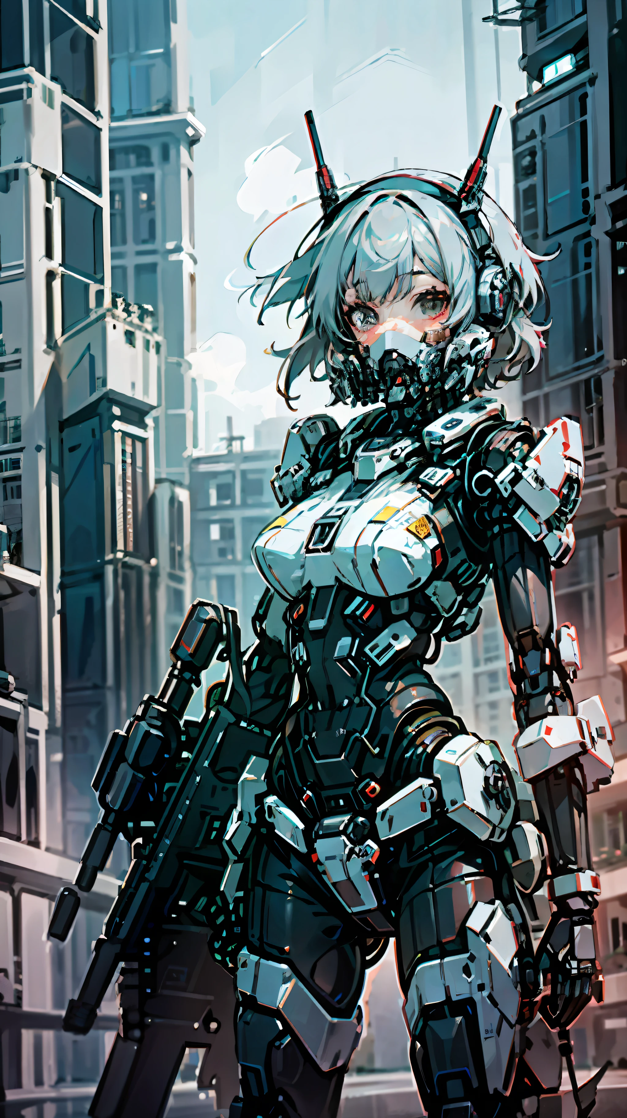 This is a CG Unity 8k wallpaper with ultra-detailed, high-resolution and top quality in cyberpunk style, dominated by black and red. In the picture, a beautiful girl with white messy short hair, a delicate face, wearing a steam mecha mask, standing on the ruins, behind her is a huge robot, and the action of a woman holding a heavy sniper rifle in her hand,