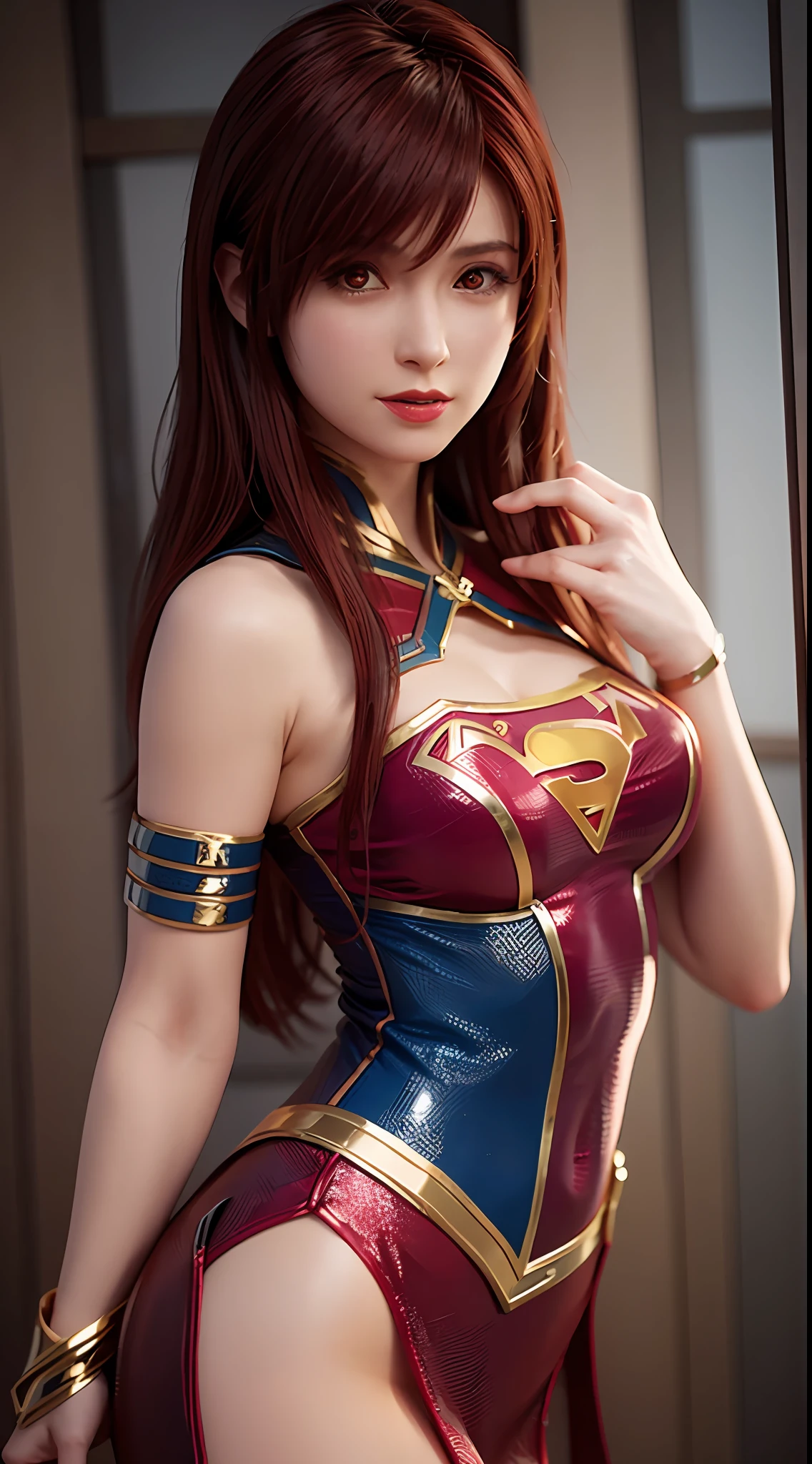 8K，超高分辨率，1girll, Solo ，She's Supergirl，Woman body set big breasts，Supergirl costume dress，red tinted hair，