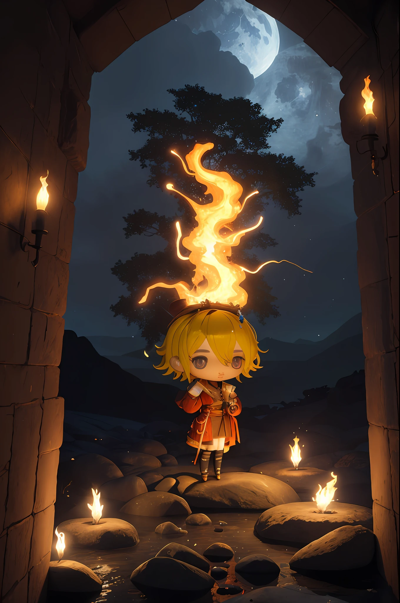 (((chibi 3d)))Standing on a rock、Wearing a flowing red robe、Create nocturnal artwork depicting a beautiful goddess casting a spell with a fireball in her hands surrounded by flames and smoke。The night sky is full of stars、The moon peeks out from behind the clouds、It illuminates the goddess with its brilliance。Under the rock、There is a volcanic crater with lava flowing through it.、Goddess casting warm orange light on the environment。This scene is truly awe-inspiring、Full of mystery and magic、
HDR、(photorealisim、Masterpiece quality、top-quality)、、pureerosface_v1、ulzzang -6500-v1.1、