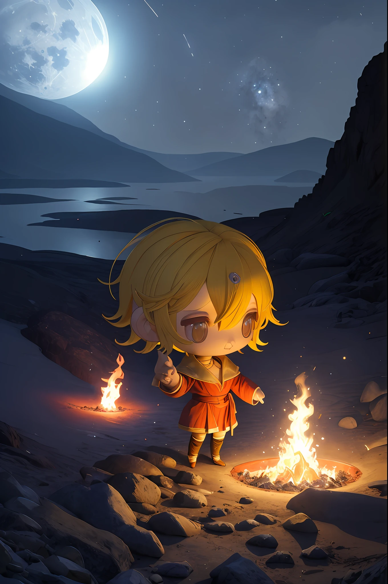 (((chibi 3d)))Standing on a rock、Wearing a flowing red robe、Create nocturnal artwork depicting a beautiful goddess casting a spell with a fireball in her hands surrounded by flames and smoke。The night sky is full of stars、The moon peeks out from behind the clouds、It illuminates the goddess with its brilliance。Under the rock、There is a volcanic crater with lava flowing through it.、Goddess casting warm orange light on the environment。This scene is truly awe-inspiring、Full of mystery and magic、
HDR、(photorealisim、Masterpiece quality、top-quality)、、pureerosface_v1、ulzzang -6500-v1.1、