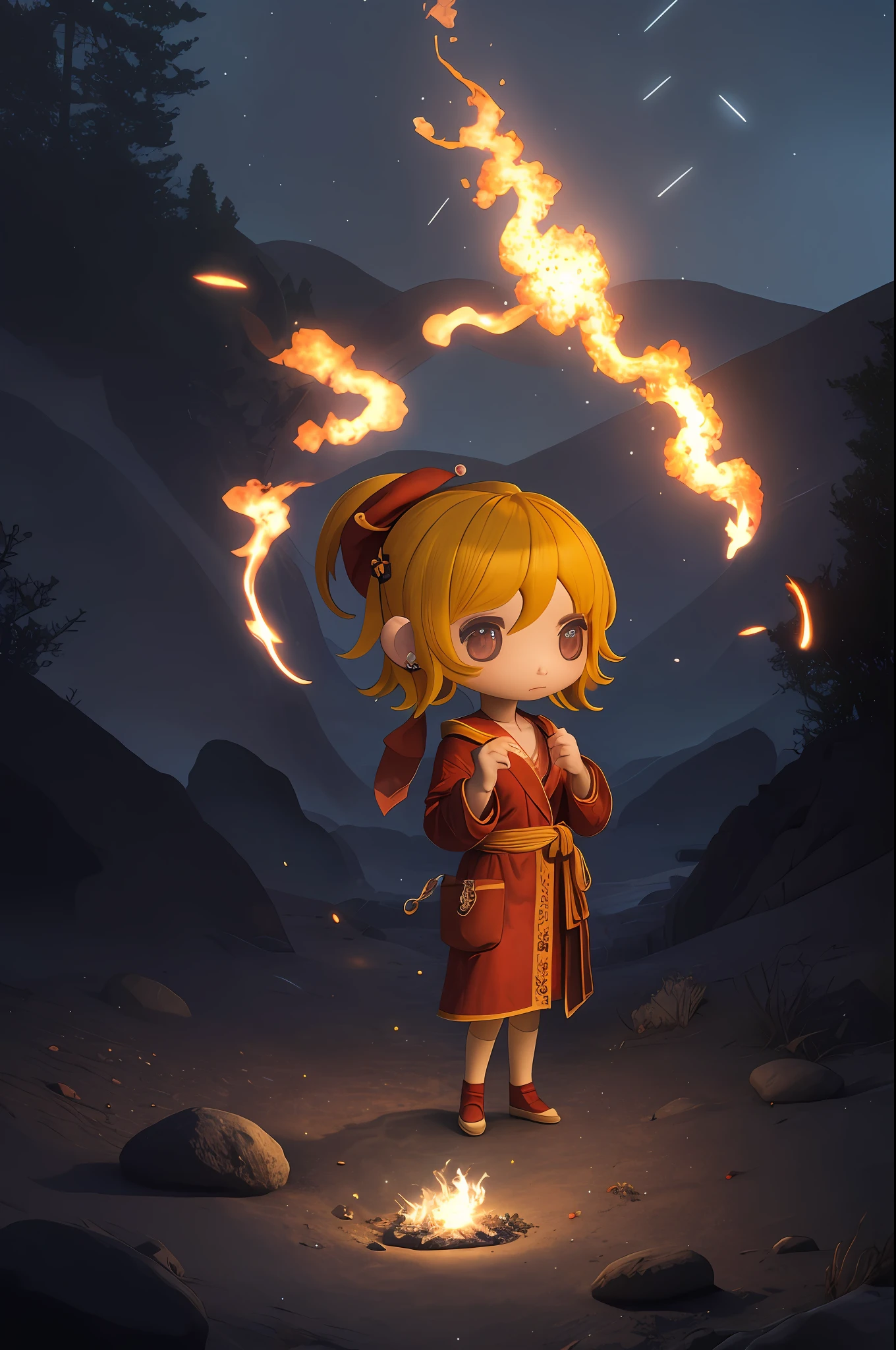 (((chibi 3d)))parado sobre una roca、Vistiendo una túnica roja que fluye、Crea obras de arte nocturnas que representen a una hermosa diosa lanzando un hechizo con una bola de fuego en sus manos rodeada de llamas y humo.。El cielo nocturno está lleno de estrellas、La luna se asoma detrás de las nubes.、Ilumina a la diosa con su brillo.。bajo la roca、Hay un cráter volcánico por el que fluye lava..、Diosa proyectando una cálida luz naranja sobre el medio ambiente.。Esta escena es realmente impresionante.、Lleno de misterio y magia.、
hdr、(fotorrealismo、calidad de obra maestra、de primera calidad)、、pureerosface_v1、ulzzang-6500-v1.1、