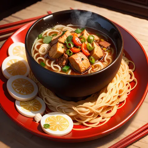 A Chinese-style noodle bowl with mythological descriptions