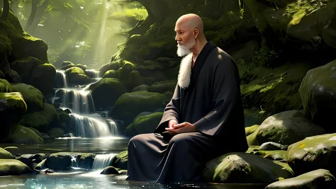 handsome old monk, meditating sitting, on the bank of a river full of stones, watching a lonely leaf floating in the water again...