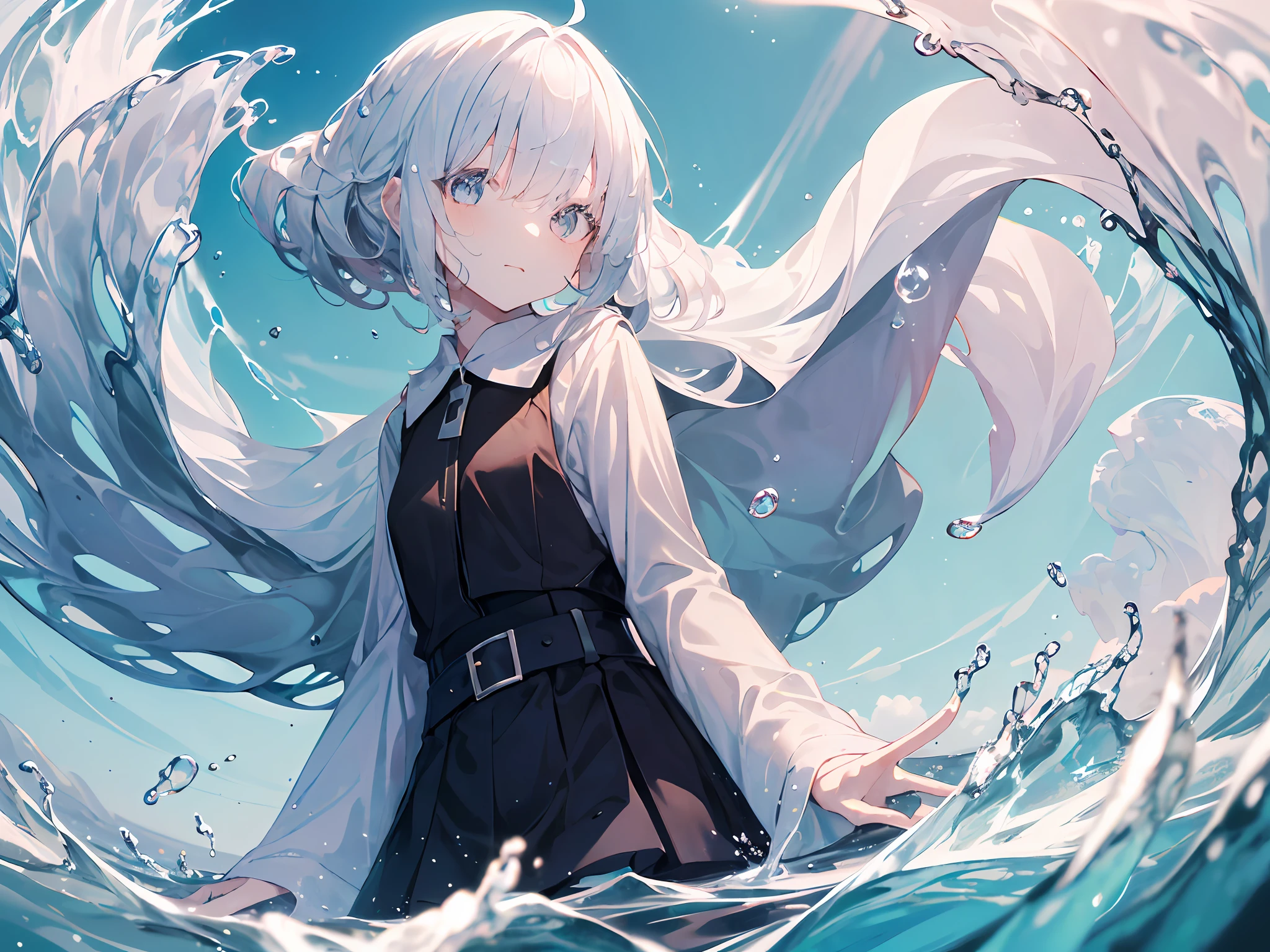 （Background with）， tmasterpiece， best qualtiy， illustration， the wallpaper， hyper-detailing， absurderes， 1girll， 独奏， （liquid hair：1.2）， beatiful detailed eyes，
By bangs， cow boy shot， long whitr hair， magical little girl， whaite hair， wave， Eau， water dripping， Looks to the side， wading，
ocean water，sea beach，Mare，precipice，suns，mostly cloudy sky，Hand covering