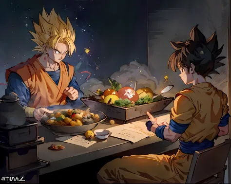 Anime characters sit at tables and eat together, dragon ball artstyle, High-quality fanart, Dragon Ball style, Detailed fanart, dragon ball z style, 4k manga wallpapers, hd artwork, offcial art, highly detailed exquisite fanart, Dragon Ball concept art, 4k...
