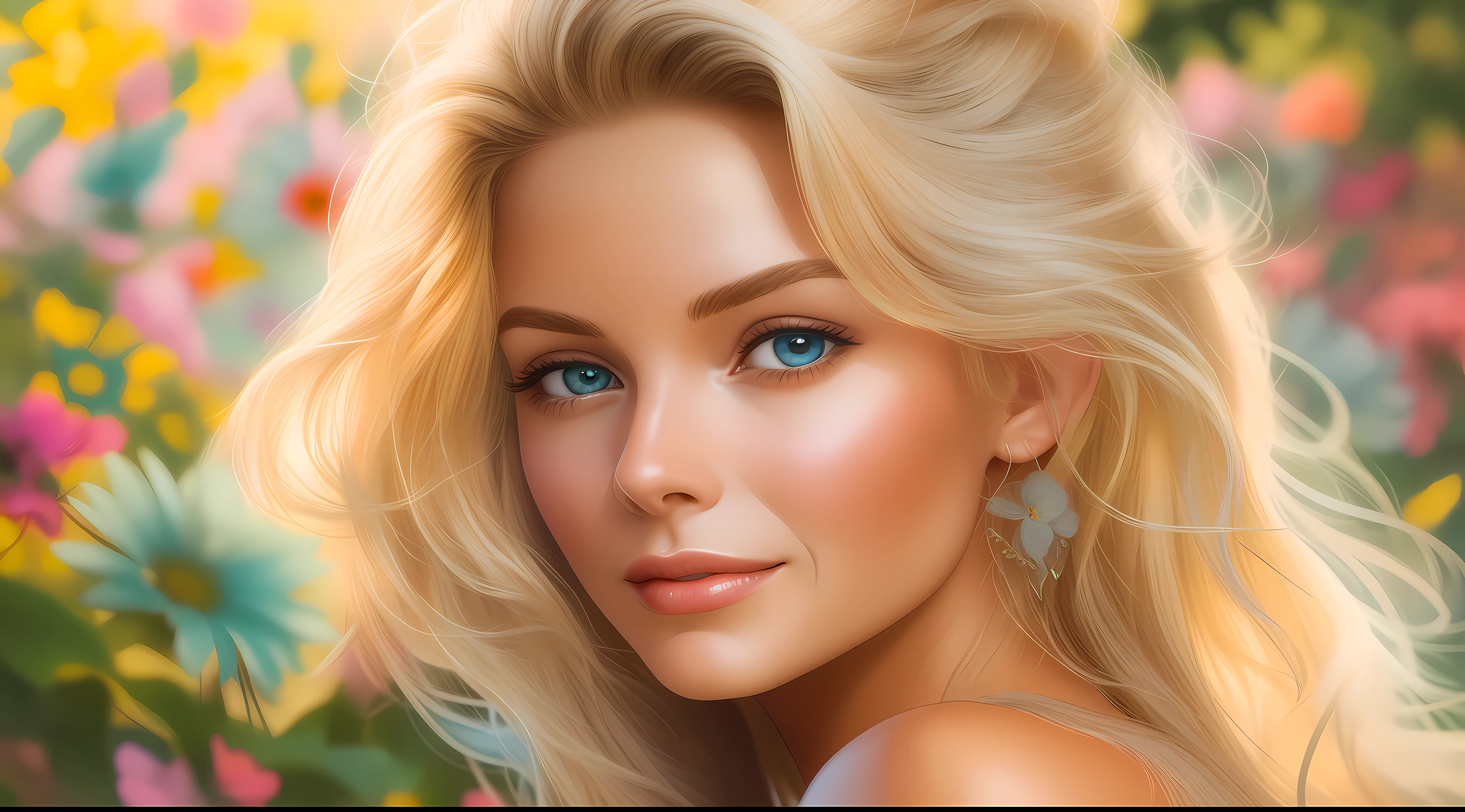 beautiful young woman, age 25, admire the very colorful butterflies in the garden with beautiful and colorful flowers. Her blonde hair is illuminated by the sun shining in the sky, creating an effect of harmony and joy. She has fair skin and a sweet smile, that reveal your beauty and happiness. His high-resolution portrait shows the details of his face and his emotion, that seem to infect the environment. She is a goddess of blonde hair., with a vibrant and unique color. [Michelle Pfeiffer young 0.2]