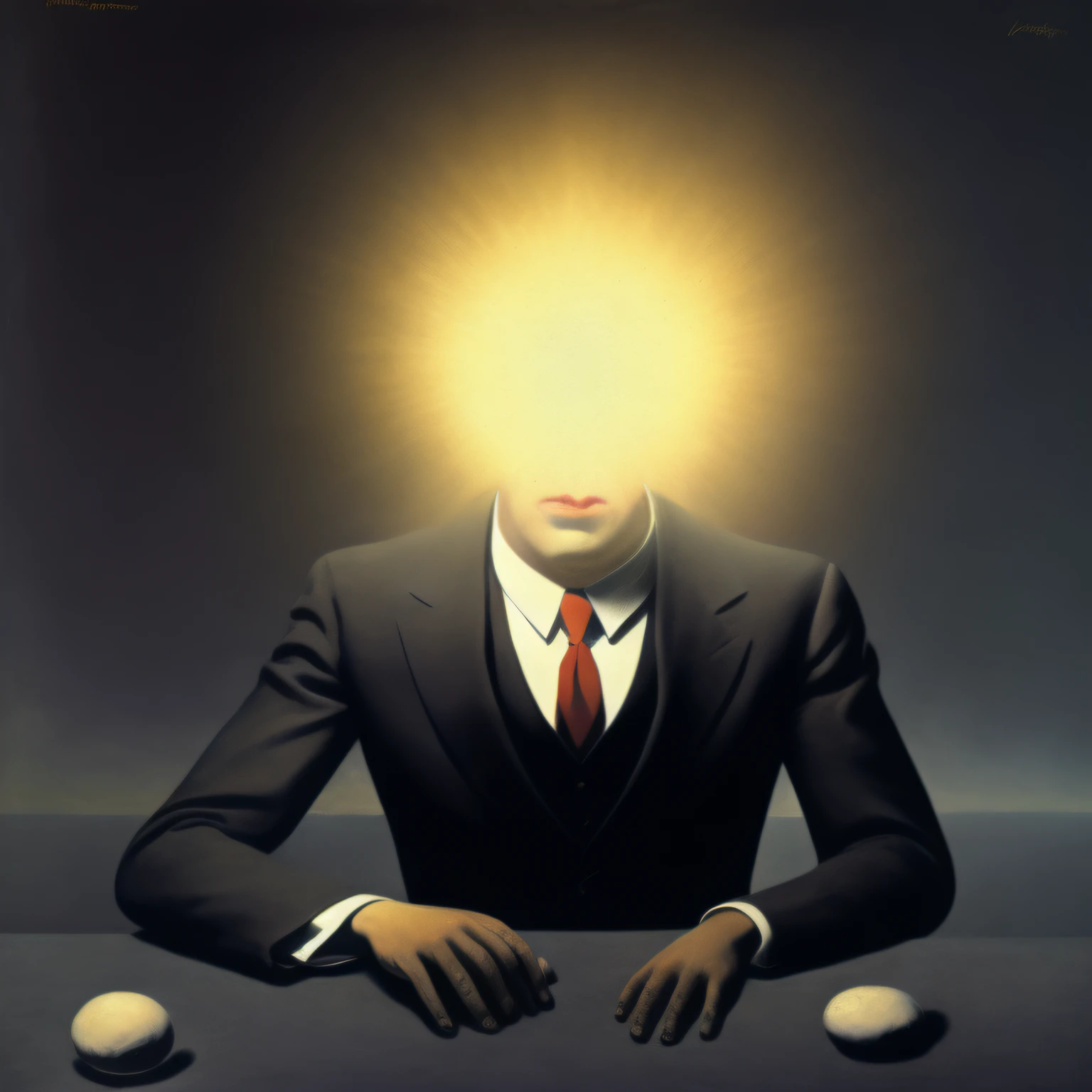 a painting of a man in a suit with a head of genius light